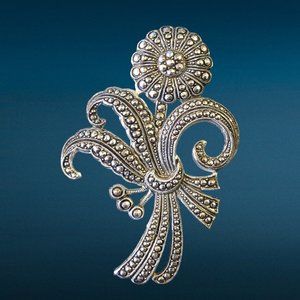 VINTAGE SILVER TONE Marcasite Flower Floral Brooch Pin